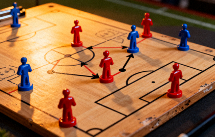 足球战术板上摆放的战术棋子与比赛分析示意图